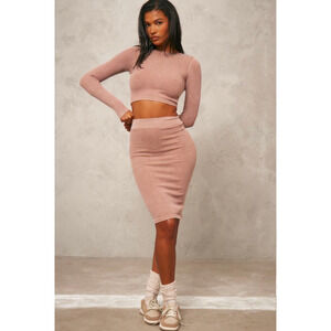 Prettylittlething Brown Washed Contour Rib Low Rise Midi Skirt US Size L NWT